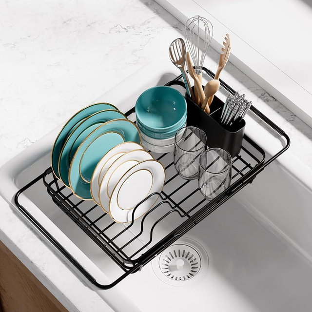 Sakugi Dish Drying Rack in Sink - Expandable Stainless Steel Dish Rack Over The Sink, Kitchen Sink Drain Strainer with Cutlery Holder & Cup Holders, 15.2 x 10.0 x 4.2 Inch, Black