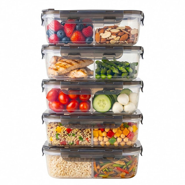 Clutterix Compartmentalized Plastic Airtight Food Storage Containers with Vented Lids, 3-Compartment Design, BPA-Free, 5-Pack (5.5 Cups Each) for Meal Prep and Portion Control