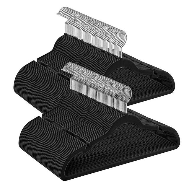 SONGMICS Velvet Hangers 100 Pack, Non-Slip Clothes Hangers, with Shoulder Notches, Pants Bar, 360° Swivel Hook, Space-Saving, for Closet, Ink Black UCRF029B010