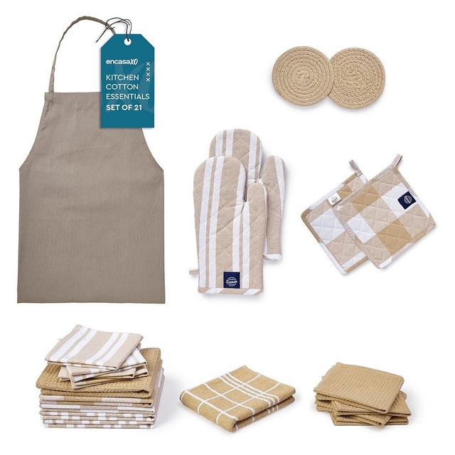Encasa XO Kitchen Towels and Dishcloths Sets | 21 Pc Apartment Essentials Set | Oven Mitts and Pot Holders with Hanging Loop | Cooking Apron, Dish Cloth, Flour Sack and Coasters Beige Combo