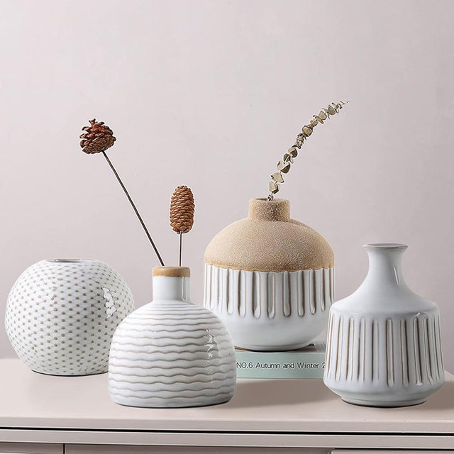 LIZOFER Boho Minimalist Small Ceramic Vase Set of 4 for Bedroom Living Room Office Fireplace Centerpiece Antique White Vintage Farmhouse Rustic Retro Flower Vases Home Decor Gift for Fake Plants