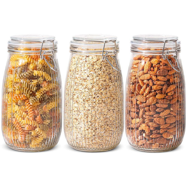 ComSaf Airtight Glass jar with lid 51oz Set of 3, Glass Storage Containers with Lids, Large Glass Canister, Striped Clip Fastening Jar for for Canning, Flour, Pasta,Coffee Beans, Cereal, Rice, Pickle