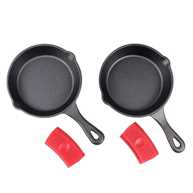 6" Cast Iron Skillet Set of 2 (Pre-Seasoned) with 2 Silicon Hot Handle Holder Grips