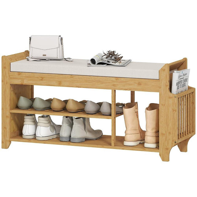 HOMCOM Shoe Bench with Cushioned Seat, 2-Tier Entryway Bench with Side Umbrella Holder, 39.4" in Natural Bamboo Shoe Rack for Hallway, Living Room, Natural and Cream