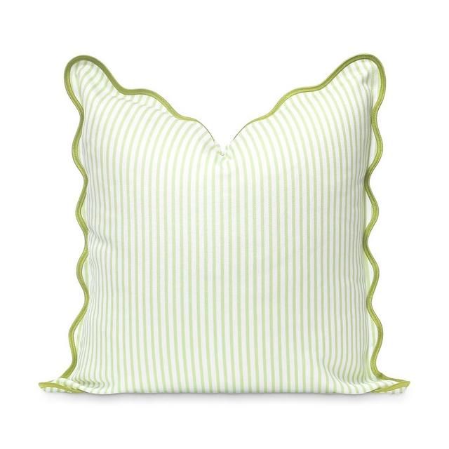 Hofdeco Premium Coastal Patio Indoor Outdoor Scalloped Throw Pillow Cover Only, 20"x20" Water Repellent for Backyard, Couch, Green Print Stripes