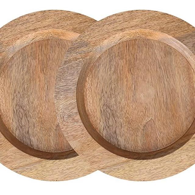 Wood Serving Charger Plates - Dinnerware Round Rustic Thanksgiving Centerpiece Tableware Dining for Sandwiches, Salad, Finger Foods, Cheese, Burgers, appetizers- Pack of 2 Measure 13 inches - Natural