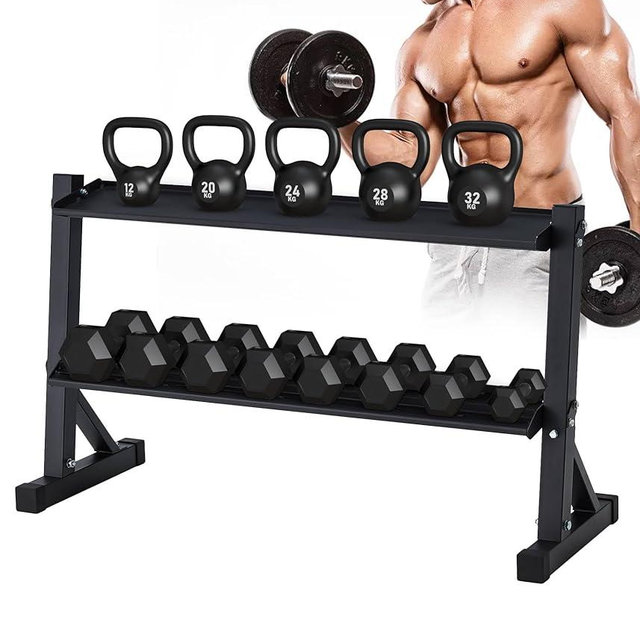2-Tier Dumbbell Kettlebell Rack, Heavy Duty Steel Frame, 48 x 17.5 x 27.5 Inches, 1000 lbs Weight Capacity, for Kettlebell and Free Weight Storage, Home Gym Organization