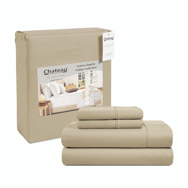100% Organic Cotton Bed Sheets Queen Size, GOTS Certified Sateen Weave Breathable Queen Sheets Deep Pocket upto 17", Machine Washable No Pill Fade & Shrink Resistant, Naturally Cool Sustainable- Tan
