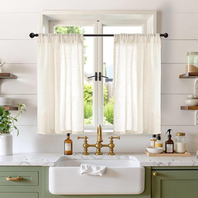 BGment Linen Semi Sheer Curtains 36 Inch Length for Kitchen Cafe Window Over Sink - Beige Short Drapes with Rod Pocket Light Filtering for Bathroom Small Window, 2 Panels, Each Panel 30 Inch Wide