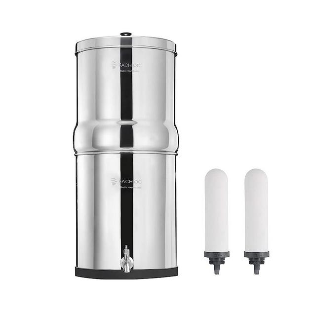 FACHIOO 2.25 Gallon Stainless Steel Gravity-Fed Water Filter System with 2 White Ceramics Purification Washable Filter, Portable Countertop Filter System for Home and Outdoor Camping Use