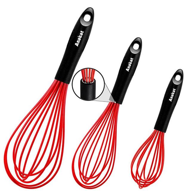 Anaeat Silicone Whisk, Thick Stainless Steel Wire Inner - Heat Resistant Kitchen Whisks for Non-Stick Cookware, Balloon Egg Beater for Whisking, Blending, Beating, Frothing & Stirring (Red)
