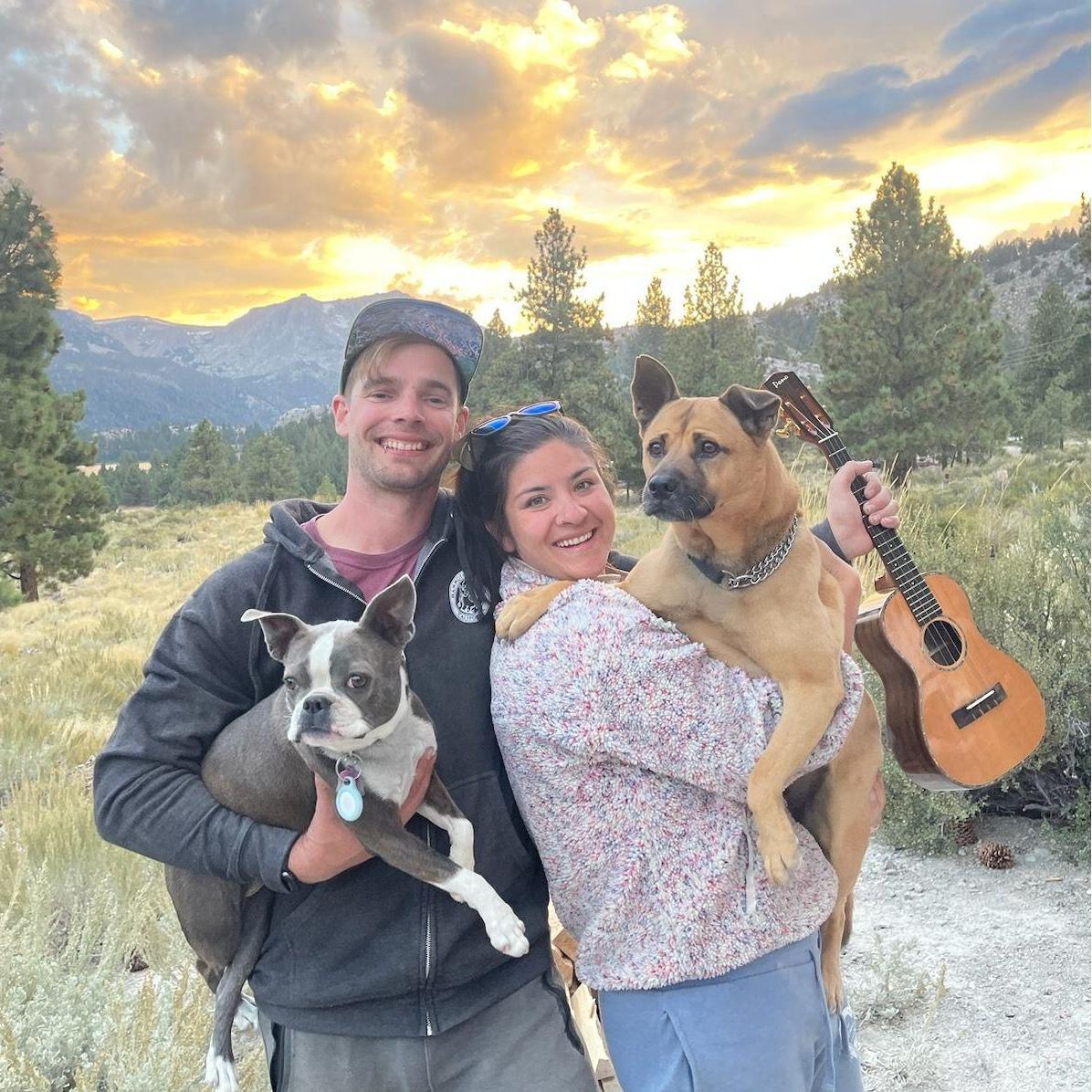 Our earliest obstacle as a couple - combining our fur families, Sage & DB. We never would have expected them to become as close as they have. We love to take them camping whenever we get the chance!