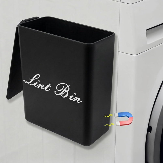 Artilife Magnetic Plastic Black Lint Bin with Lid for Laundry Room, 6 X 5 Inch Compact Wall Mount Lint Holder for Dryer, Small Black ABS Trash Can for Dryer Lint and Sheets