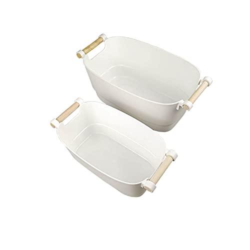 Storage Bins with Wood Handle, Sleek Design - White Matte Plastic Organizer Bucket Container for Pantry Shelf, Kitchen, Closet, Bathroom, Durable, Easy to Clean (White, Medium) (Medium)