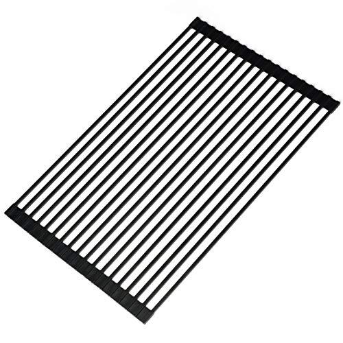 Ahyuan Large Roll-up Dish Drying Rack Square Solid Bars Multipurpose Silicone Coated Stainless Still Dishes Drainer Rack Large Foldable Over Sink Kitchen Drainer Rack (Matte Black)