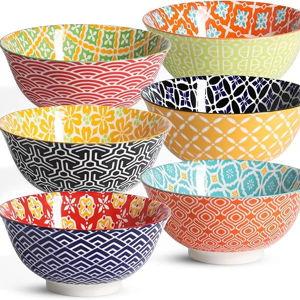 Ceramic Cereal Bowls, 23 Oz Colorful Soup Bowls, Deep Porcelain Bowl Set for Salad, Dessert, Pasta, Ice Cream,Set of 6