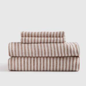 European Linen KING Sheet Set in Terracotta/White Stripe