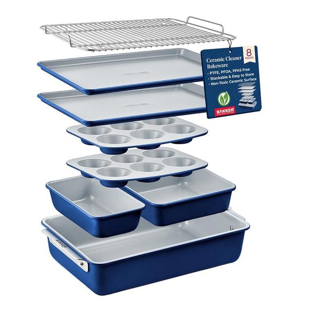 Bakken 8-Piece Stackable Bakeware Set - Ceramic Non-Stick Coating, Baking Sheets, Assorted Baking Pans, PTFE, PFOA & PFOS Free - Healthy Baking, Ergonomic Handles, Cooling Rack, Non-Toxic, Oven-Safe