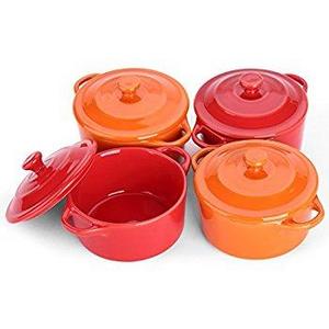 Lifver 7oz Ceramic Soufflé Dish/Mini Casserole/Ramekins, Dip Bowls-4 Packs, Cherry Red & Orange, Round.