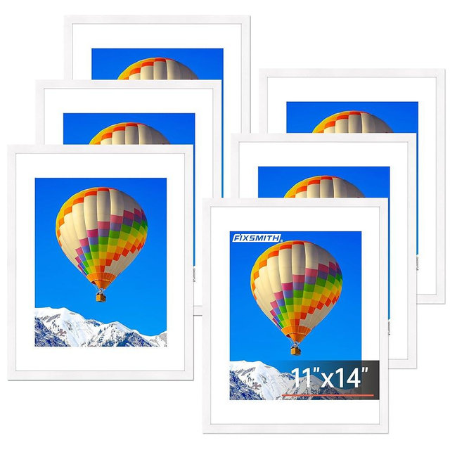 FIXSMITH 11x14 Picture Frame Set of 6, White Photo Frames Bulk with HD Plexiglass, Display Pictures 8x10 with Mat or 11x14 Without Mat, Multi Picture Frames Collage for Wall Decor
