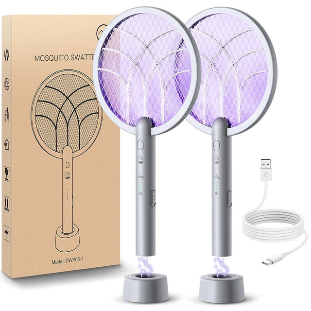 Electric Fly Swatter Racket, Mosiller 2 in 1 Smart Bug Zapper & Power Take Off Generators with USB Rechargeable Base, Powerful Mosquitoes Trap Lamp & Fly Killer for Home, Bedroom(Light Grey（2 Pack）)