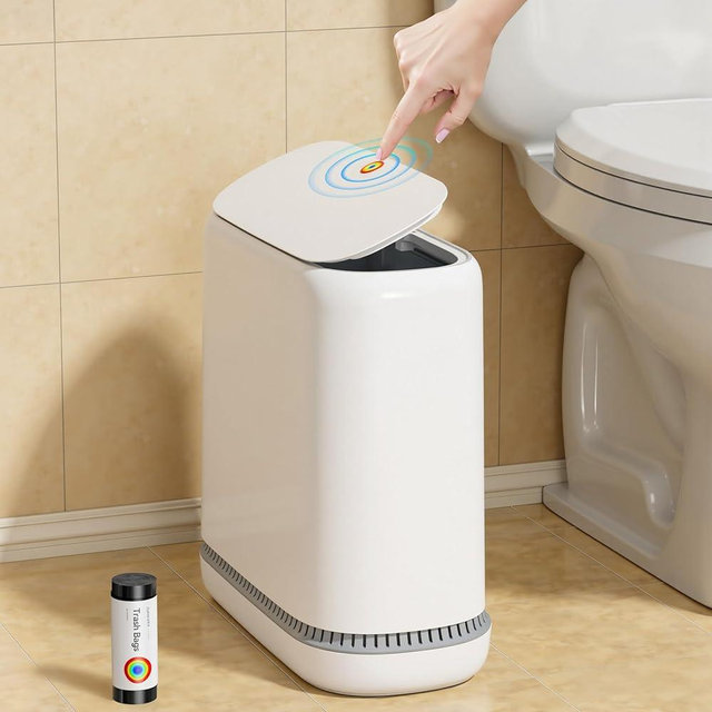 CTIME Small Bathroom Trash Can - Bathroom Garbage Can with Lid and Odor-Lock Seal | Waterproof - OneTouch Press for RV, Kitchen, Office (3 Gal)