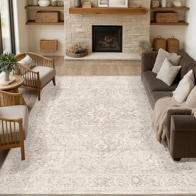 FMFUNCTEX 6x9 Washable Area Rug Beige Vintage Neutral Distressed Oriental Large Non Slip Carpet for Living Room Bedroom Soft Low Pile Indoor Mat Retro Throw Rug for Dining Room Kitchen Office Nursery