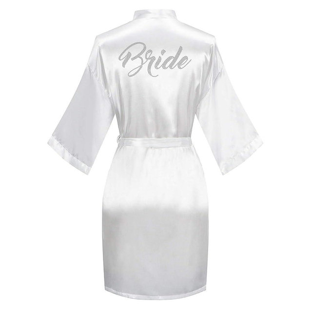 Polar Rabbit Women's Short Satin Kimono Robes One Size Silver Rhinestones Bride Bridesmaid for Wedding Party Getting Ready