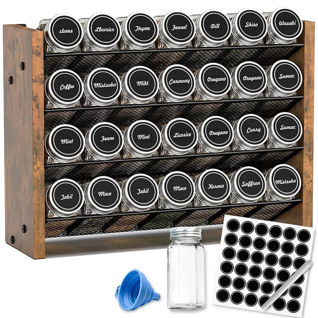 NESAPTO Spice Rack Organizer with 28 Glass Spice Jars, Wood 4-Tier Seasoning Organizer with Labels for Cabinet, Pantry, Countertop or Wall Mount, Chalk Marker and Funnel Set, 14" W × 9.4" H