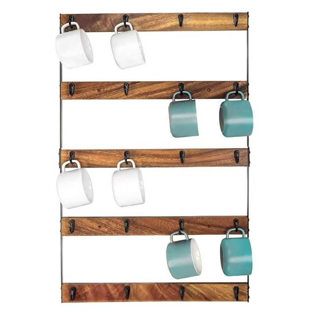 Aomomery Coffee Mug Rack,Rustic Coffee Mug Holder Wall Mount,Walnut Coffee Cup Holder with 20 Mug Organizer Hooks,Large 5-Tier Mug Display for Kitchen