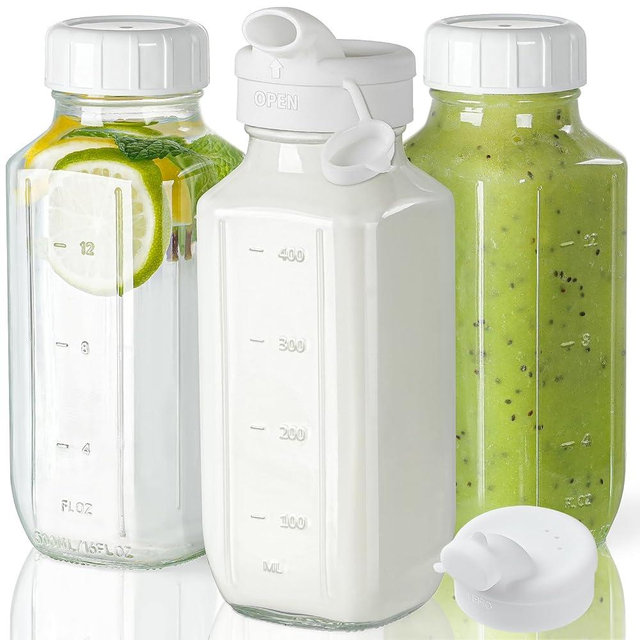 Glass Juice Bottles with Lids, 3 Pack Clear Glass Water Bottles w 2 Pour Spouts, 16 Oz Reusable Milk Jug w 100% Airtight Cap and Scale for Juicing Containers, Breast Milk Storage, Drinking Jar