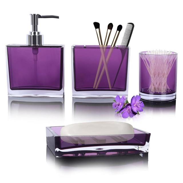 LGURT-4-piece Set of Advanced Acrylic Bathroom Accessories, Hand sanitizer Bottle, Lotion Tank, Separate Bottle soap Box, mouthwash Cup (Model 1-Purple)