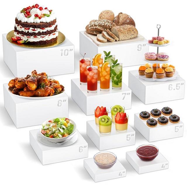 10 Pcs Buffet Food Risers, White Acrylic Dessert Cupcake Table Stands Fruit Display Shelf Set for Catering Supplies Party Jewelry Decor Risers& Protective Film (10", 9", 8", 7",6.5", 6",5",5",4", 4")