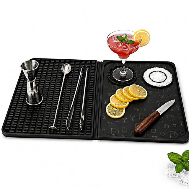 Silicone Bar Mat for Countertop, 3-in-1 Foldable Cocktail Mat with Cutting Boards, 18 x 12 Non-Slip Spill Tray for Bartending, Home Bar, Coffee Station, RV and Outdoor Use