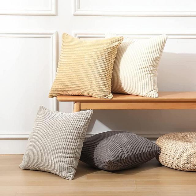 Mandioo Decorative Corduroy Throw Pillow Covers Cushion Cases 18 x 18,Set of 4 Modern Minimalism Solid Design,Mix and Match Funky Neutral Pillow Cover for Decor Home Sofa Livingroom(Grey/Khaki)