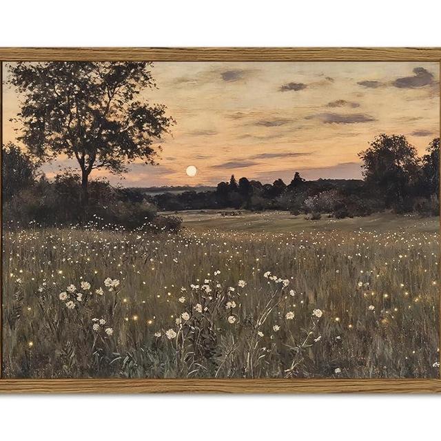 Vintage Farmhouse Wall Art, Rustic Floral Wall Decor Paintings, Twilight Firefly Artwork Painting Field Nature Landscape Canvas Prints for Bedroom Living Room 12x16 inch Wood Framed