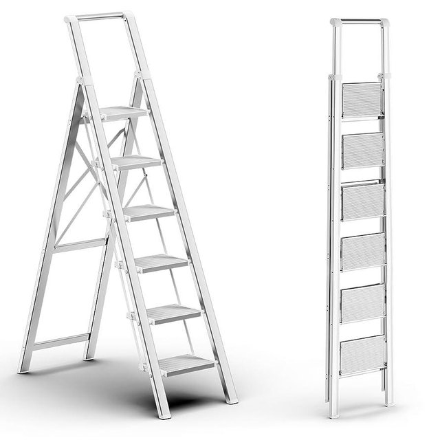 6 Step Ladder for 12 Feet High Ceiling, Lightweight Aluminum Folding Step Stool with Convenient Handgrip, Stepladders with Anti-Slip and Wide Pedal for Home and Kitchen Use Space Saving - Silver