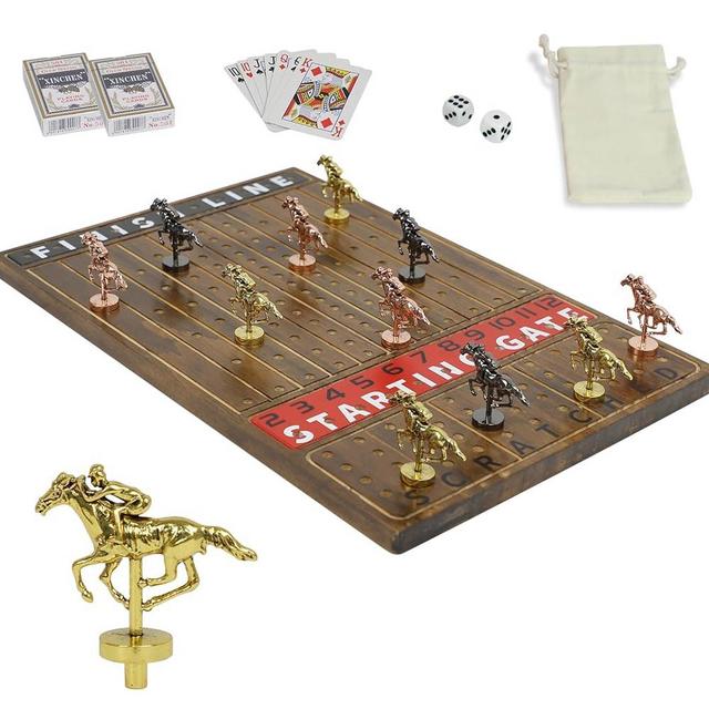 HOROW Metal Horse Racing Board Game Card Board Game Finish Line Luxury Edition Solid Wood Race Game Board 11 Batches of Metal Model Horses 2 Sets of Dice and 2 Boxes of Cards