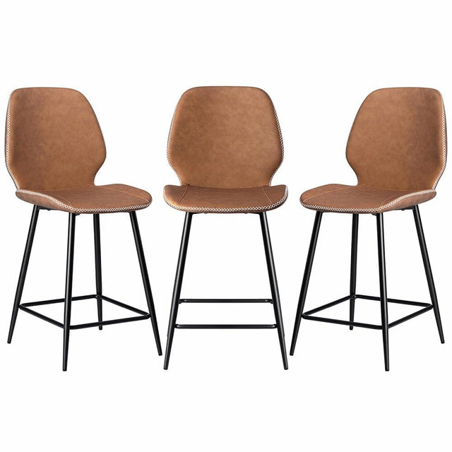 HOMMPA Counter Height Bar Stools Set of 3 Faux Leather 24'' Countertop Stool Chairs with Metal Legs Ergonomic Back Barstools for Kitchen Island Home Brown