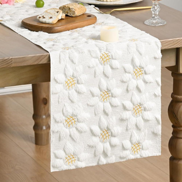Artoid Mode White Soft Plush Faux Fur Jacquard Embroidery Sunflower Spring Table Runner, Kitchen Dining Table Decoration for Home Party Decor 13x72 Inch