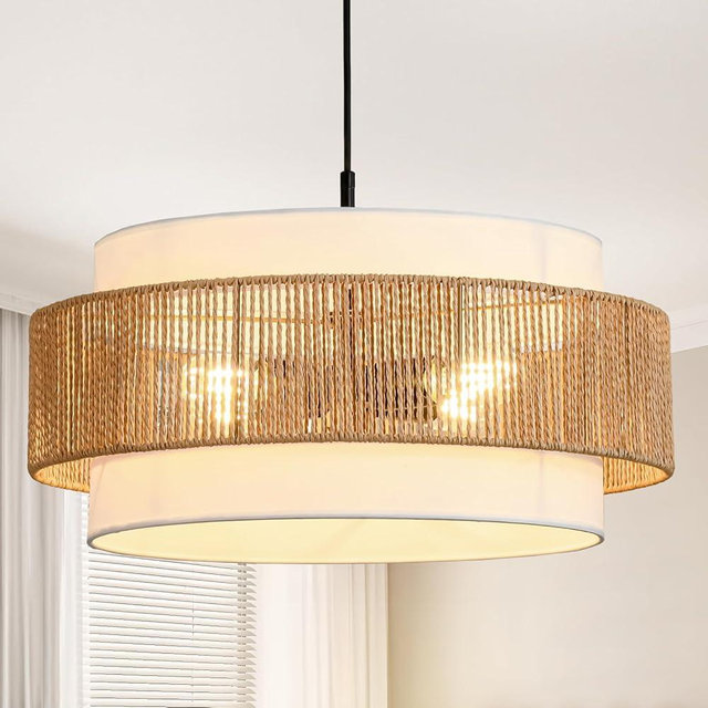 SupMaka Farmhouse Rattan Chandelier, 19.7" Boho Pendant Light Fixture with Fabric Lampshade, 4-Light Bohemian Drum Chandelier for Dining Room, Living Room, Kitchen Island, Hallway, Foyer
