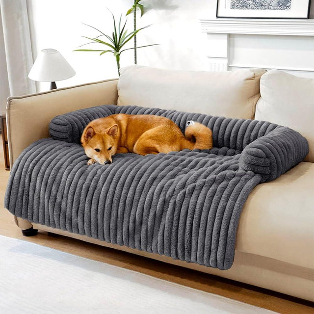 Fuzzy Pet Couch Covers for Sofa, 37" L × 33" W × 6" H Calming Dog Bed Fluffy Plush Dog Mat for Furniture Protector with Bolster for Large Medium Small Dogs and Cats, Large, Charcoal Gray