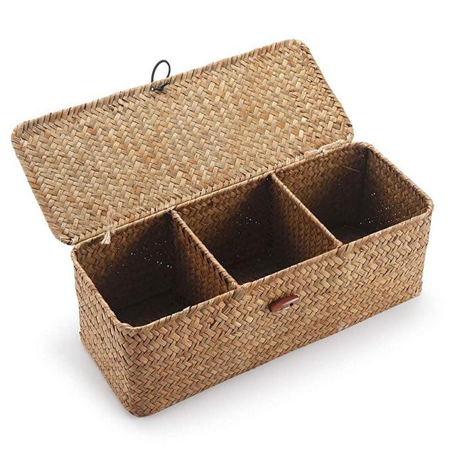 Seagrass Storage Basket with Lid Rectangular Small Woven Shelf Tank Baskets with Sections for Organize Toilet Paper Snack Toys