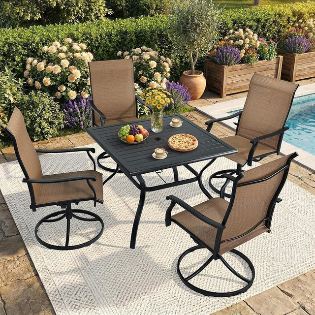 NOBLEMOOD 5-Piece Outdoor Dining Table & Chair Set, Outdoor Dining Set with 4 Textilene Swivel Chairs, Patio Metal Square Dining Table Set for Outside, Garden, Backyard