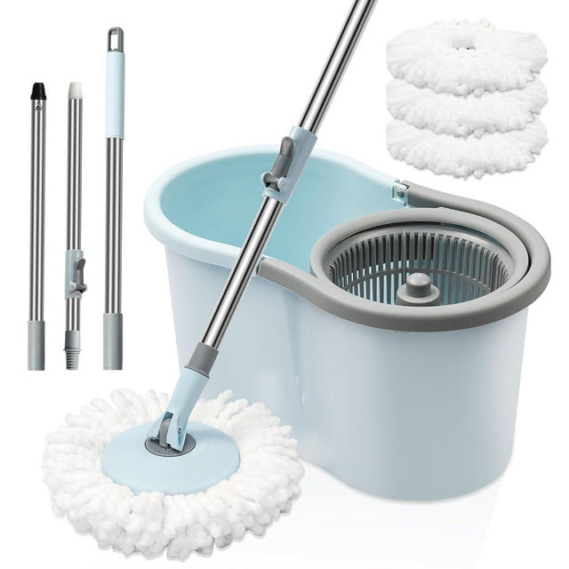 Spin Mop and Bucket with Wringer Set, 360° Spinning Mop Bucket System with 3 Microfiber Mop Replacement Heads and 50" Stainless Steel Adjustable Handle for Floor Cleaning (15QT)