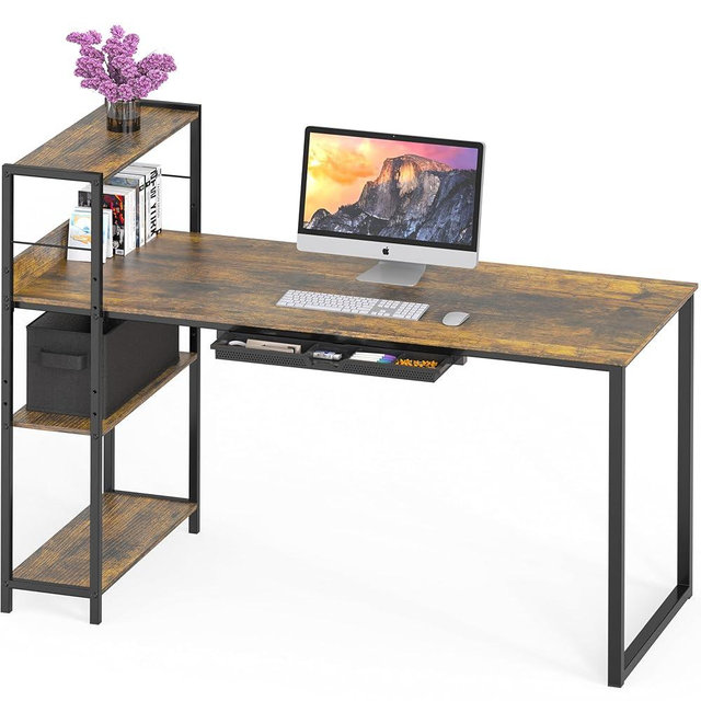 SHW 46-Inch Home Office Mission Computer Desk with Side Shelf and Drawer, Rustic Brown