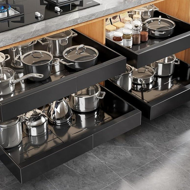 Seinloes 4 Pack Expandable Pull Out Cabinet Organizer 21"Deep With Raising Pad for Framed Cabinets,Upgrade 3 Slide Rails Slide Out Drawers,No Drill Roll Out Shelves,Adjustable Width 15.1"-26.3" Black