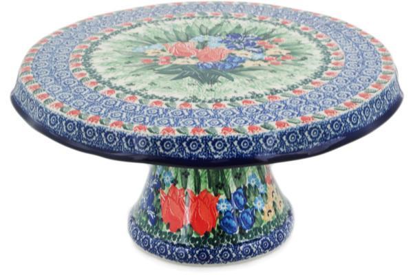 Polish Pottery 12" Cake Stand Spring Tulips UNIKAT