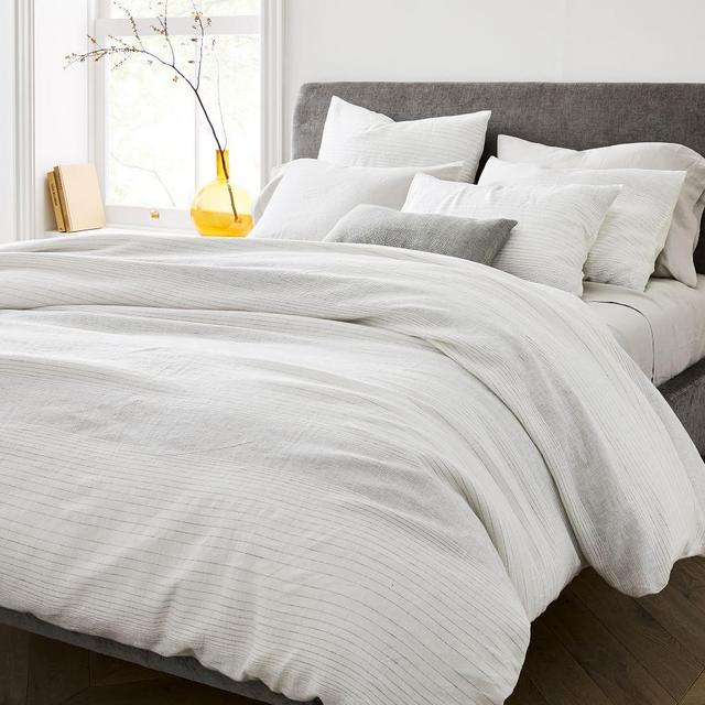 Belgian Flax Linen Graduated Stripe Duvet & Standard Sham, White & Asphalt, Full/Queen