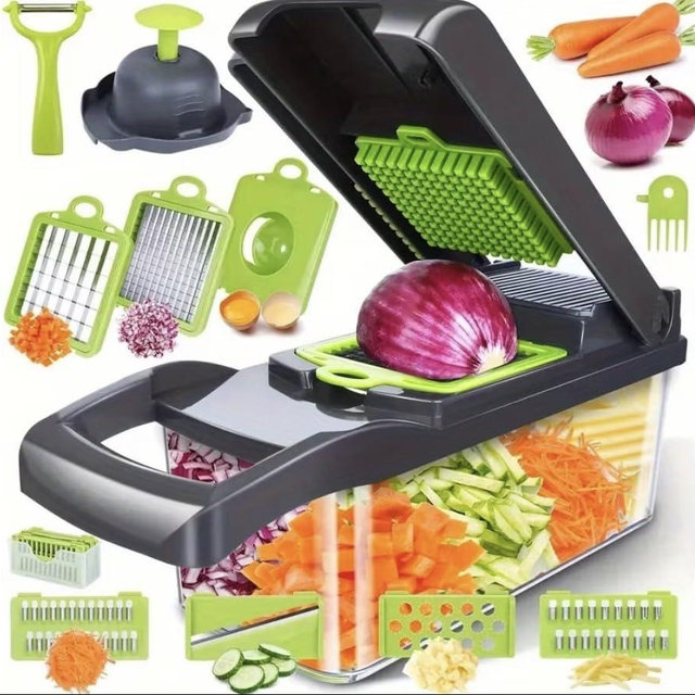 14 in 1 Vegetable Chopper Dicer with Container, Mandoline Slicer, Cheese Grater, Cabbage Shredder, French Fry Cutter, Stainless Steel Manual Hand Kitchen Gadget for Onion Potato Fruit
